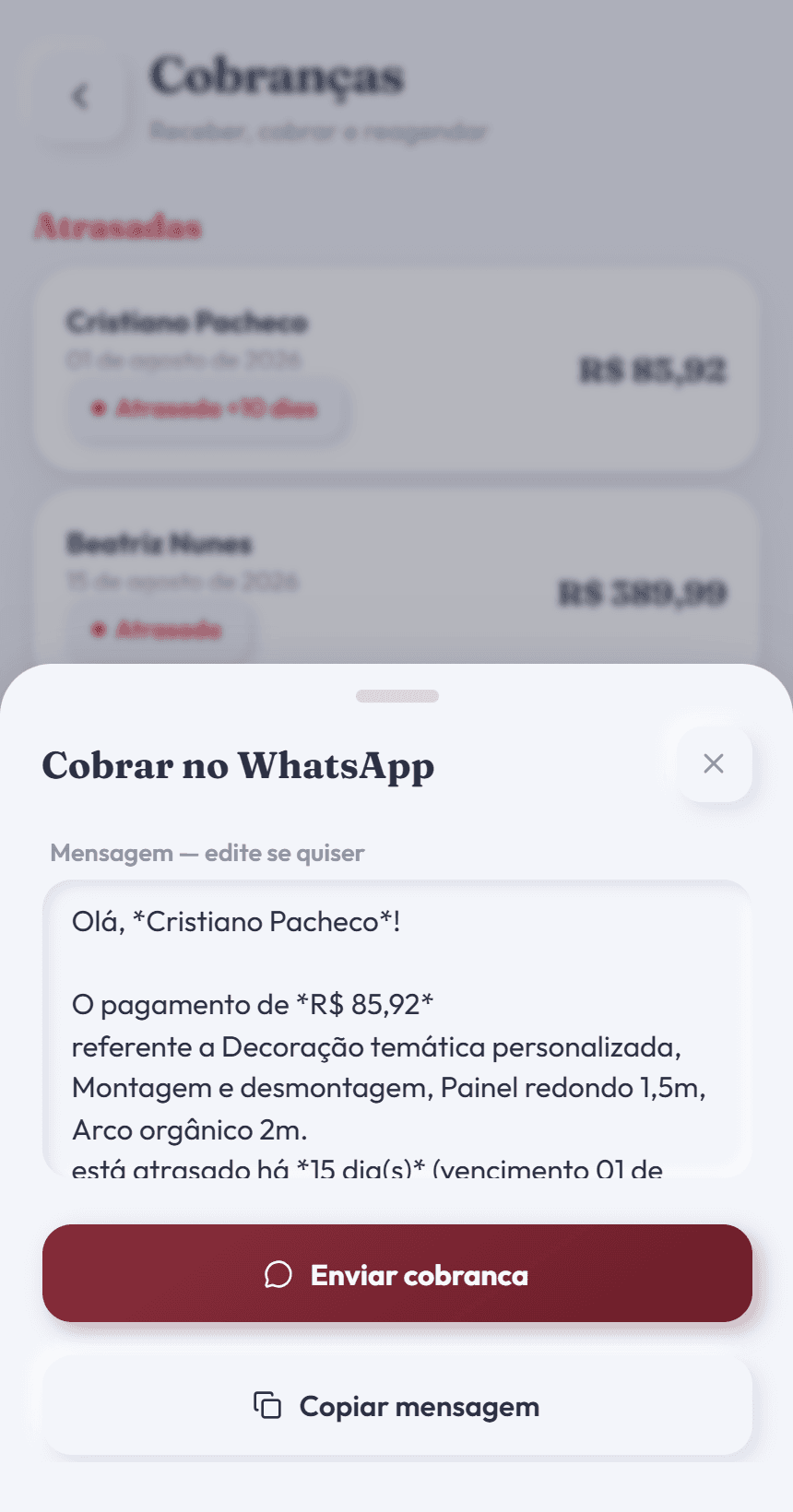 Cobrança no WhatsApp com mensagem pronta