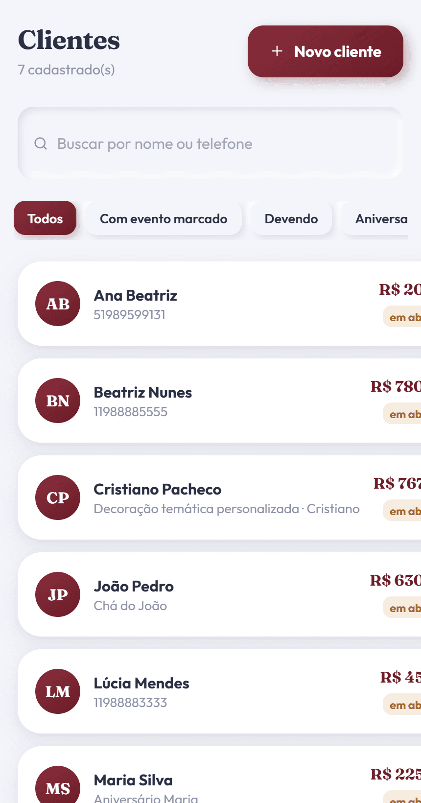 Lista de clientes no Ambar